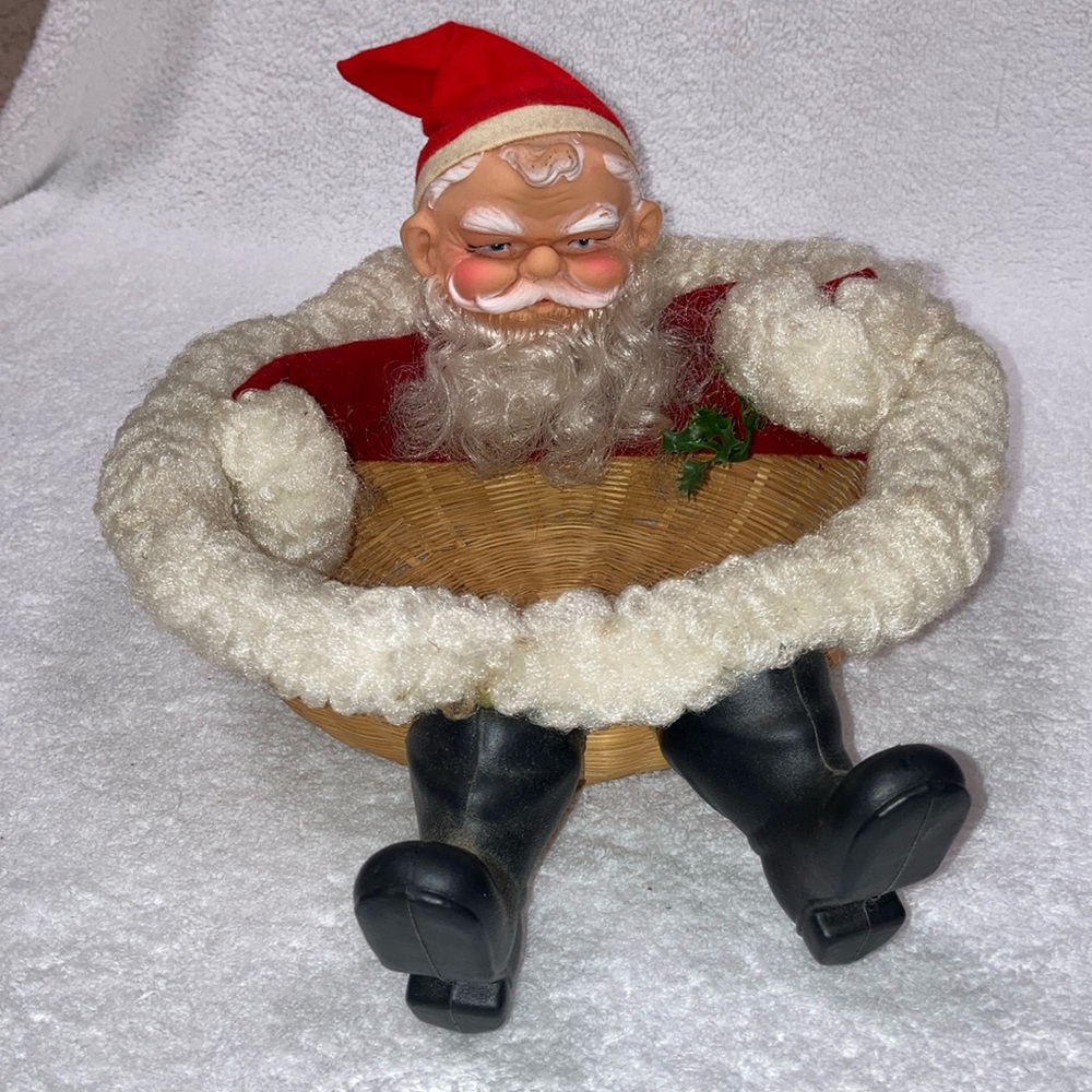Vintage Rubber Face Santa Wicker Basket Bowl Christmas Rare